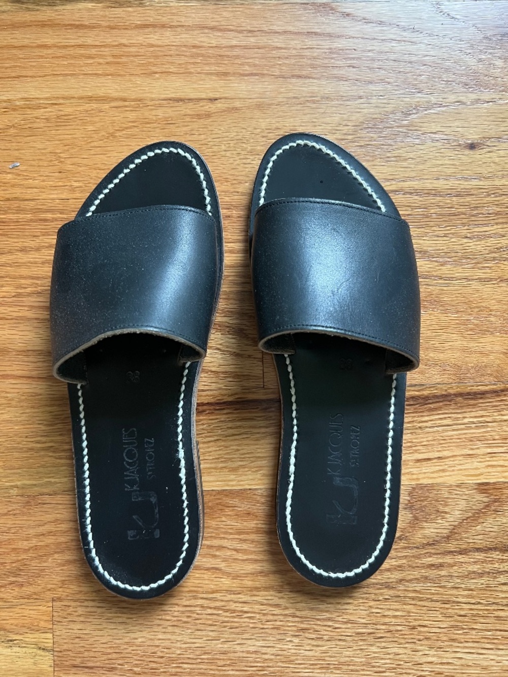 KJ St. Tropez black leather slides women’s size 38 France